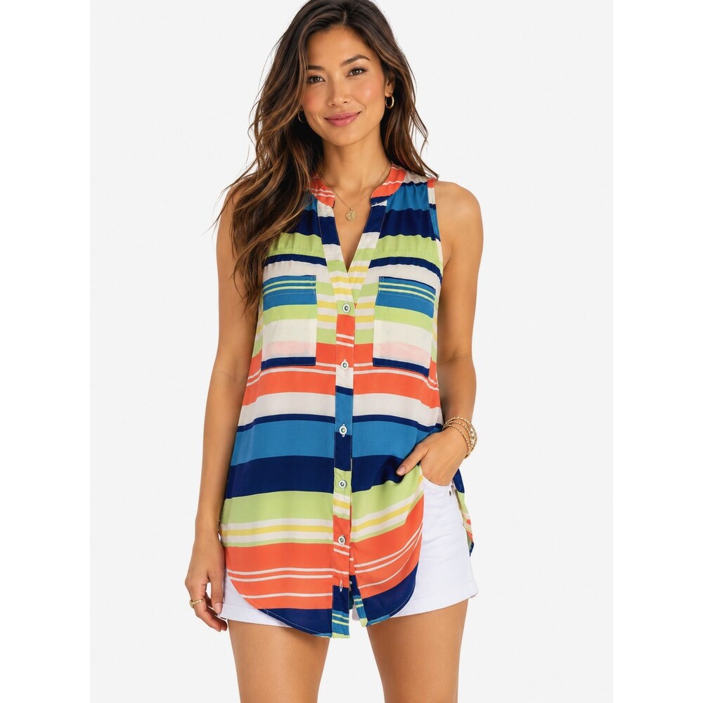 Maeve Multicolor Striped Sleeveless Button Front Tunic Tank Top Blouse Pockets 4